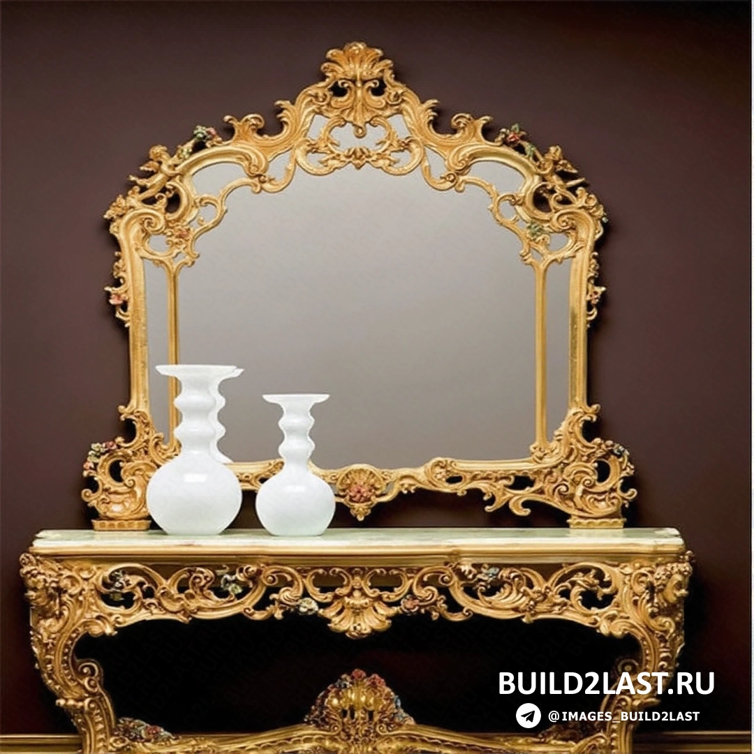 Изысканная золотистая консоль с зеркалами, декор и вазы в стиле барокко